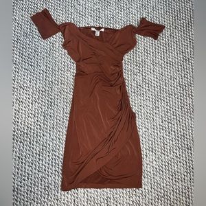 Brown, slinky, stretchy off-shoulder dress. Very faltering.